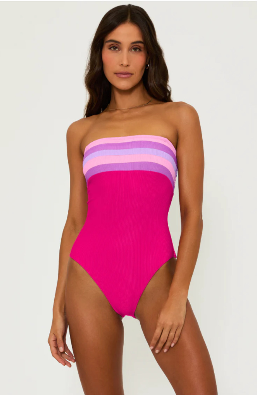 BEACH RIOT Jessa Bandeau One Piece Swimsuit Small Pink Raspberry Colorblock NWT